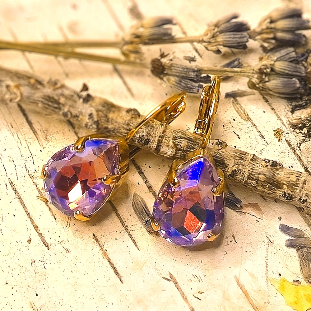 Sparkling Tanzanite Purple  Swarovski Crystal In Gold Plated Drop Down Earrings